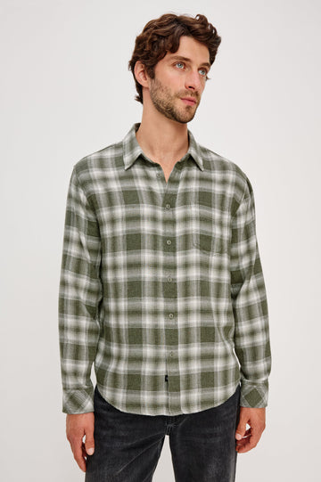 Lennox Long-Sleeve Button Up with a Chest Patch Pocket in Deep Meadow White Colorway, a plaid in Green and White - Front View Featured on Model