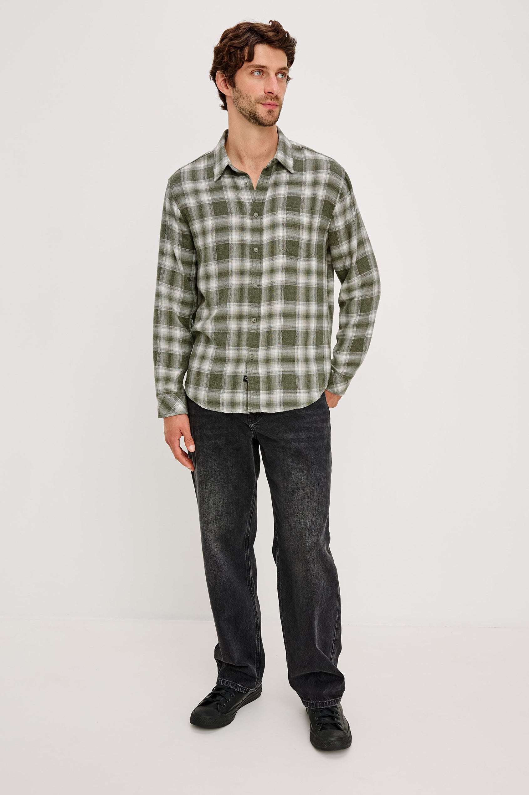 Lennox Long-Sleeve Button Up with a Chest Patch Pocket in Deep Meadow White Colorway, a plaid in Green and White - Front Full Body View Featured on Model