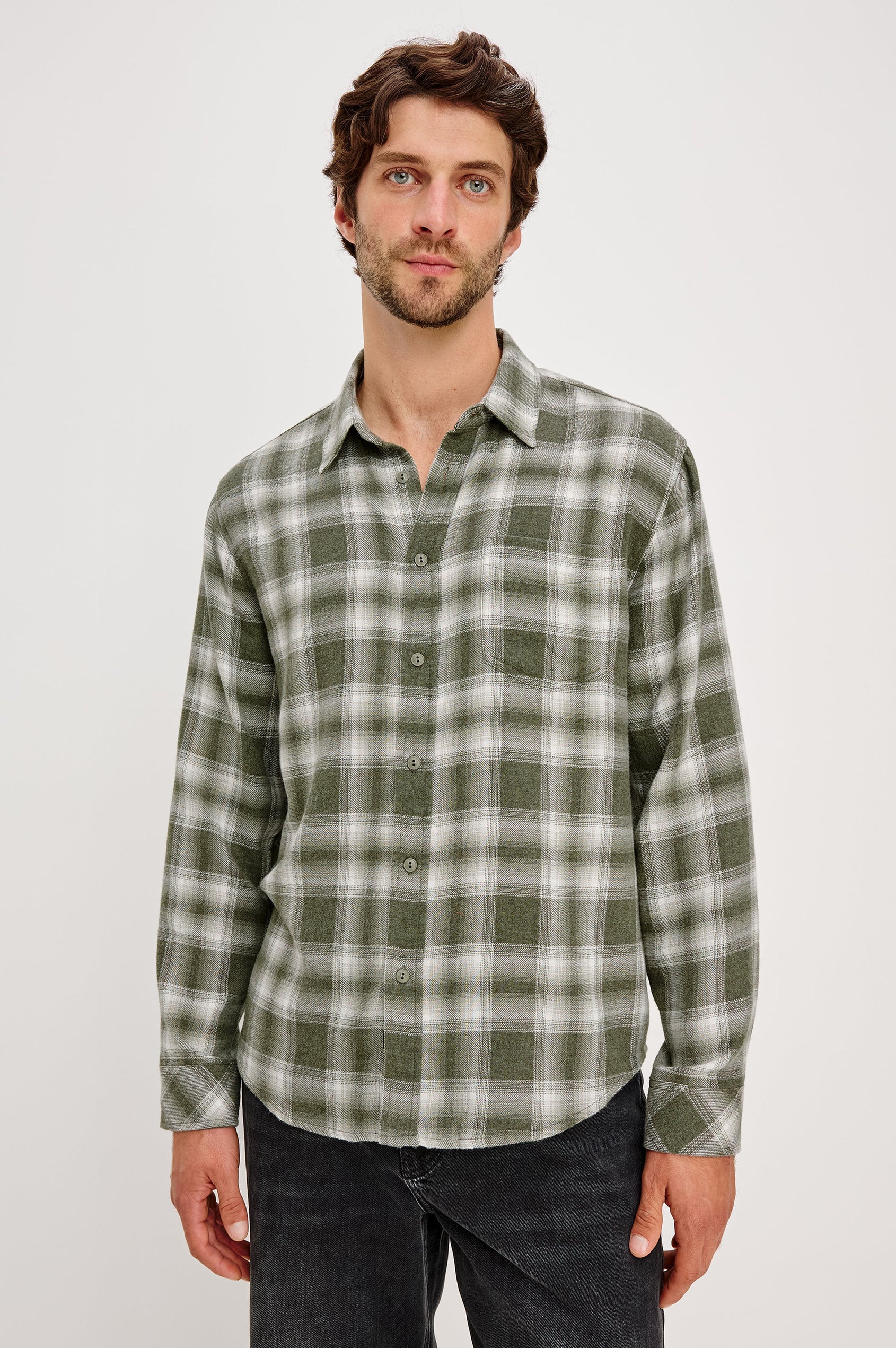 Lennox Long-Sleeve Button Up with a Chest Patch Pocket in Deep Meadow White Colorway, a plaid in Green and White - Front View Featured on Model