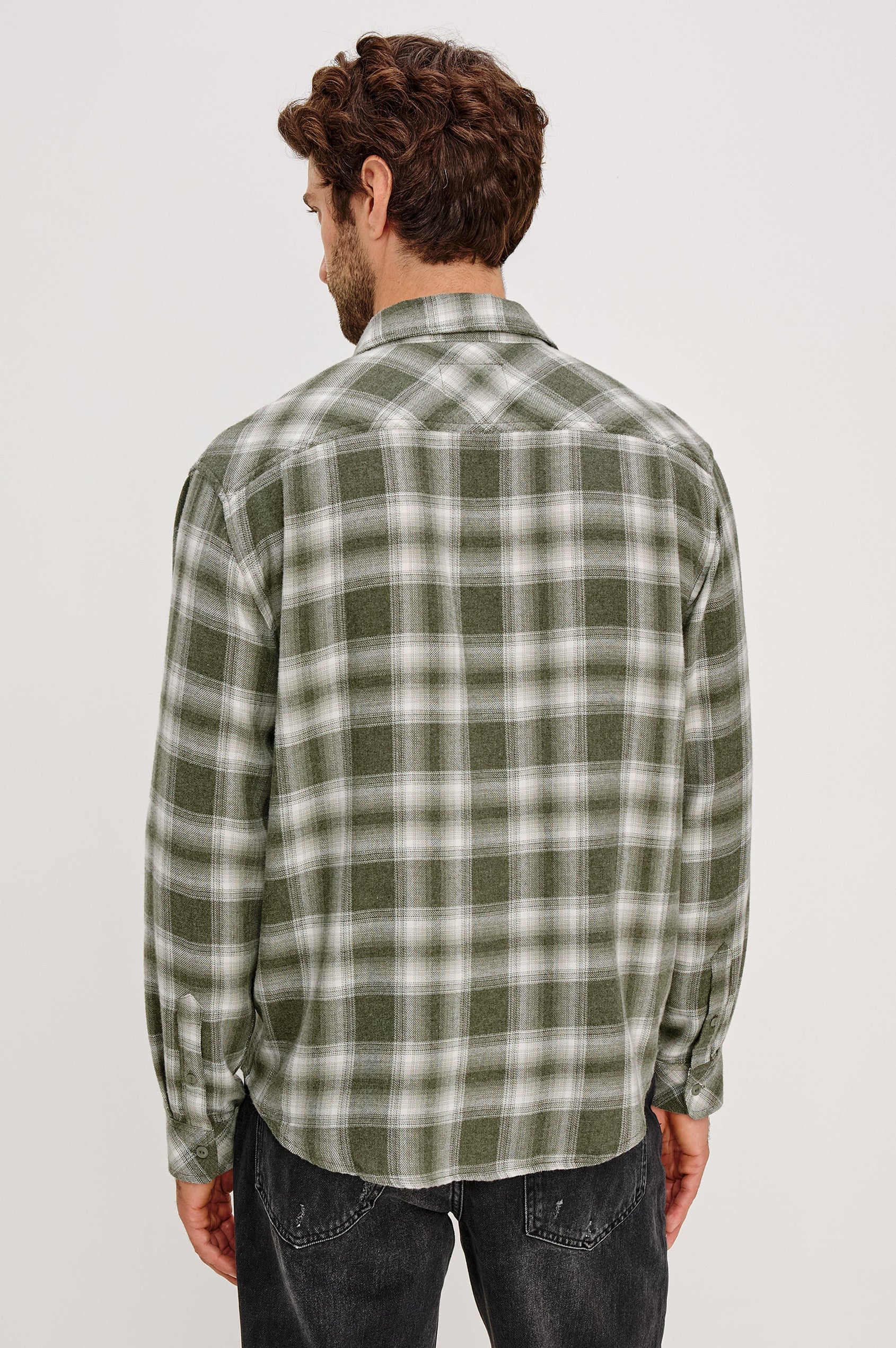 Lennox Long-Sleeve Button Up with a Chest Patch Pocket in Deep Meadow White Colorway, a plaid in Green and White - Back View Featured on Model