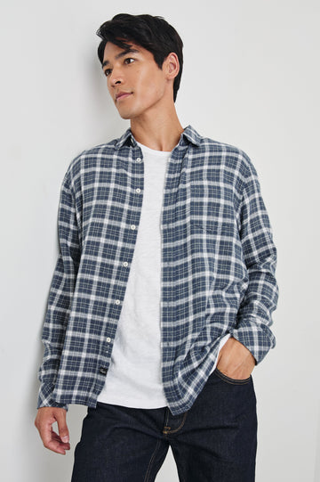 Lennox Long-Sleeve Button Up with a Chest Patch Pocket in Denim White Grey Colorway, a plaid - Front Unbuttoned View Featured on Model