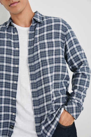 Lennox Long-Sleeve Button Up with a Chest Patch Pocket in Denim White Grey Colorway, a plaid - Front Unbuttoned View Featured on Model