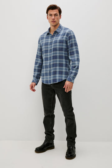 Lennox Long-Sleeve Button Up with a Chest Patch Pocket in Inkwell Melange Colorway, a plaid wtih dark and light blues - Front Full Body View Featured on model