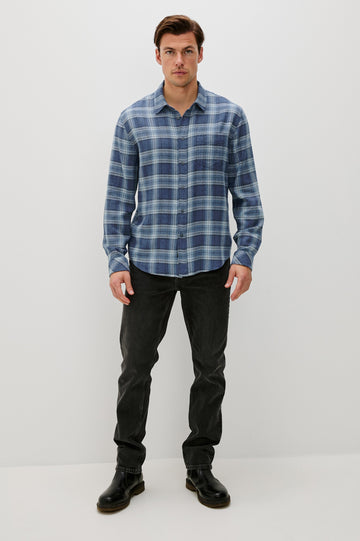 Lennox Long-Sleeve Button Up with a Chest Patch Pocket in Inkwell Melange Colorway, a plaid wtih dark and light blues - Front Full Body View Featured on model