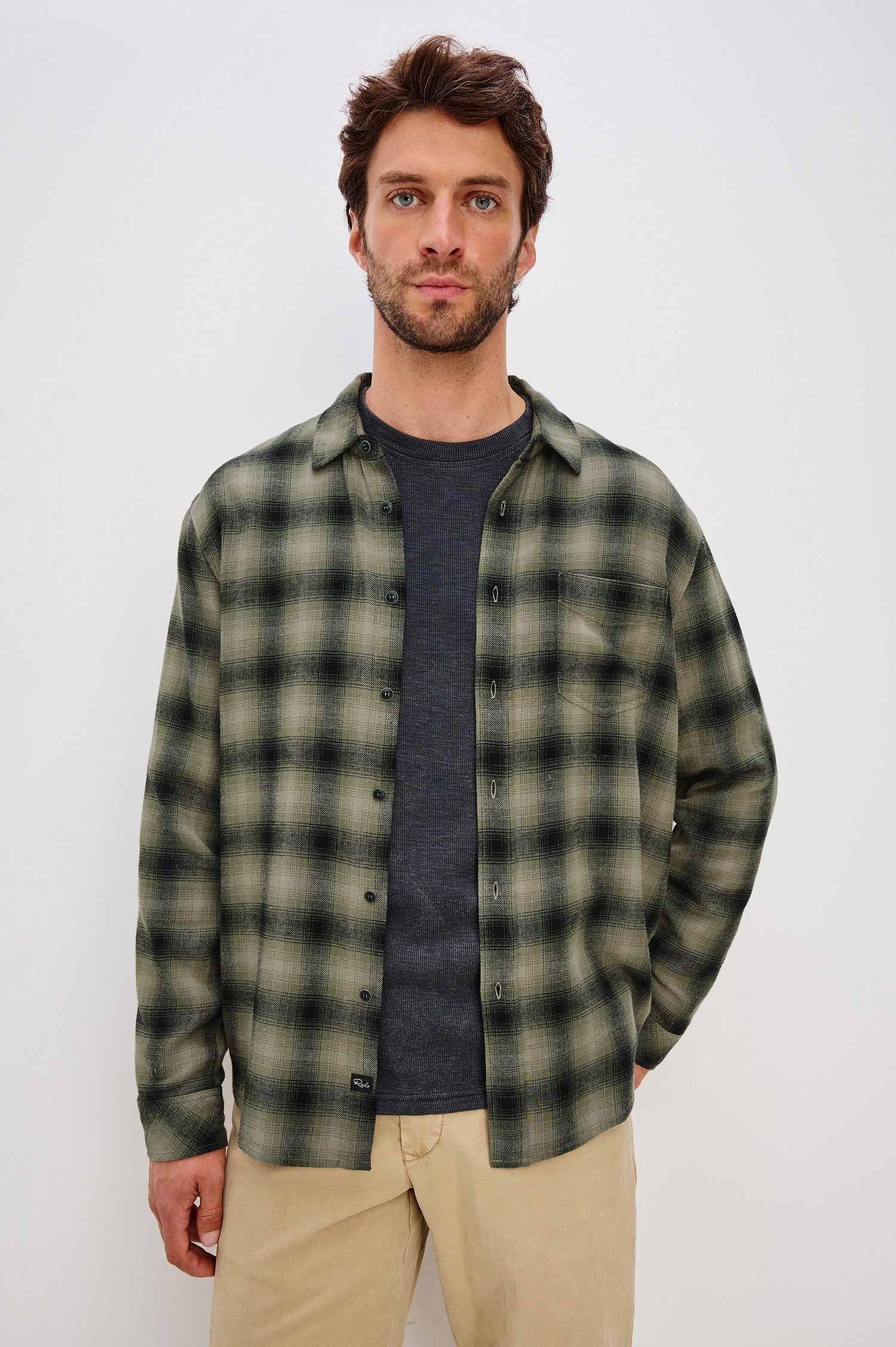 Lennox Button Front Plaid Shirt in Brushed Cotton Blend With Collar and Long Sleeves in Licen Onyx Colorway - Upper Body Front View Featured on Model