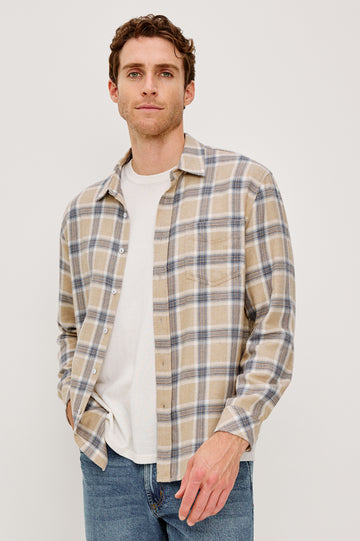 Lennox Long-Sleeve Button Up with a Chest Patch Pocket in Palamino Skyline Melange Colorway, a plaid in Palamino, Skyline and White - Front View Featured on Model