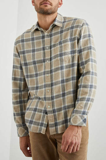 Lennox Long-Sleeve Button Up with a Chest Patch Pocket in Palamino Skyline Melange Colorway, a plaid in Palamino, Skyline and White - Front View Featured on Model