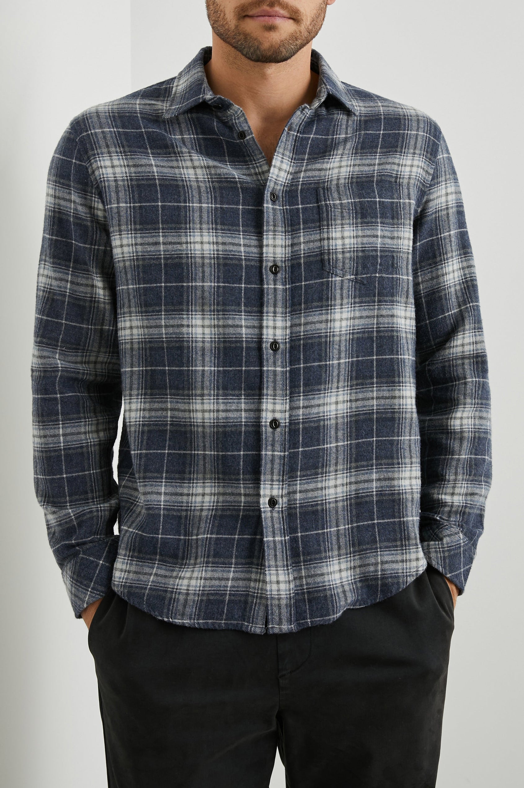 Lennox Long-Sleeve Button Up with a Chest Patch Pocket in Shadow Ether Melange Colorway, a plaid in Blue, Grey and Cream - Front View Featured on Model