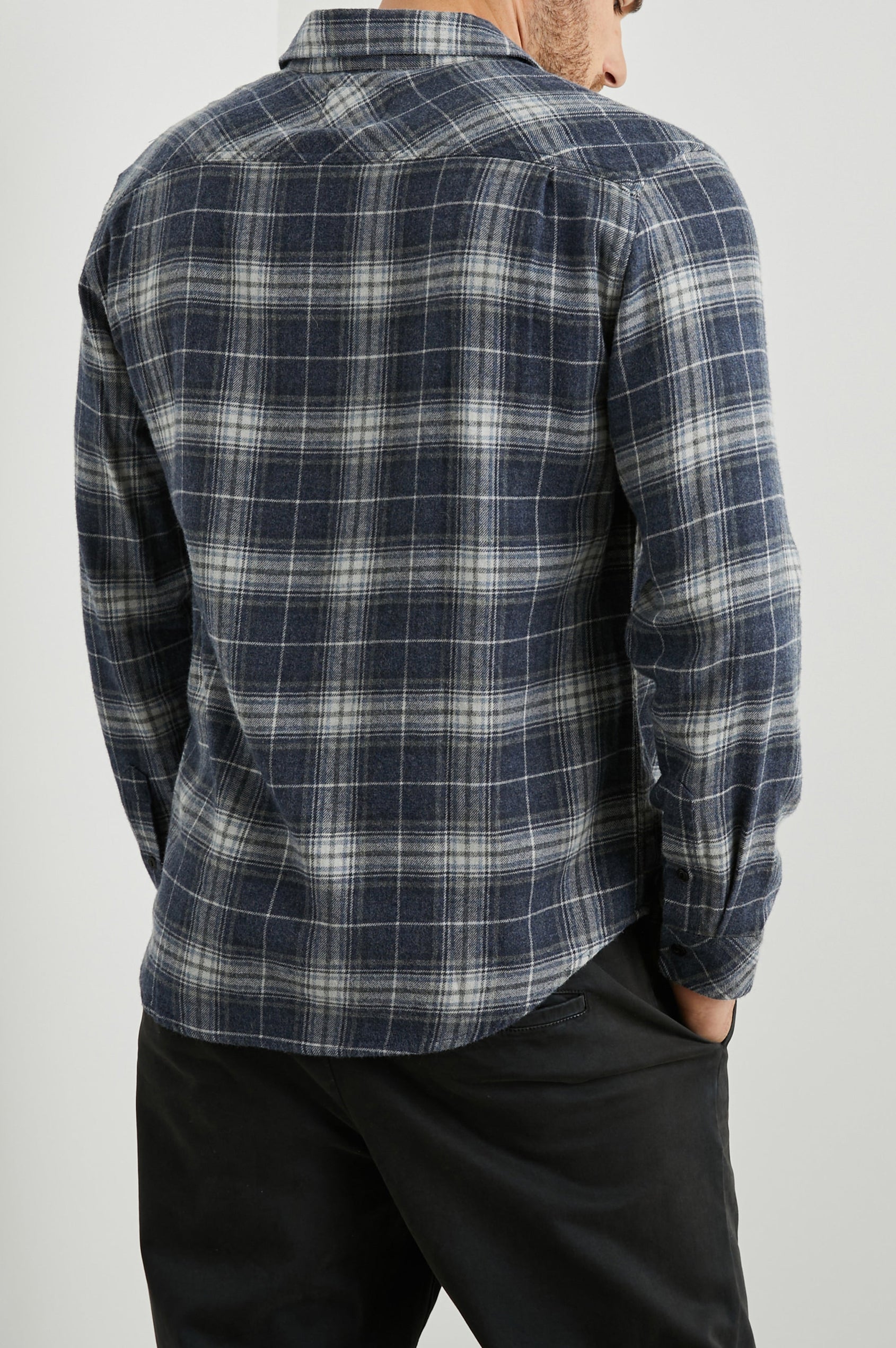 Lennox Long-Sleeve Button Up with a Chest Patch Pocket in Shadow Ether Melange Colorway, a plaid in Blue, Grey and Cream - Back View Featured on Model