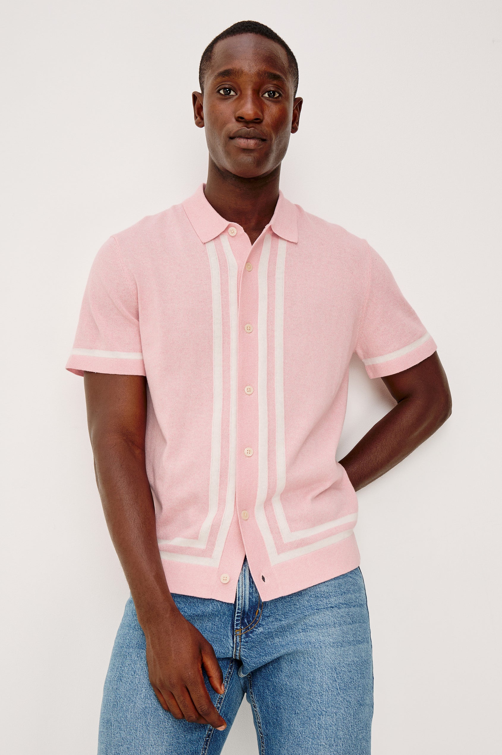 Leo Sweater Polo in Yarn-Dyed Cotton Blend Knit With Collar, Front Buttons, Short Sleeves, and Classic Fit in Rose Melange Colorway - Upper Body Front View Featured on Model