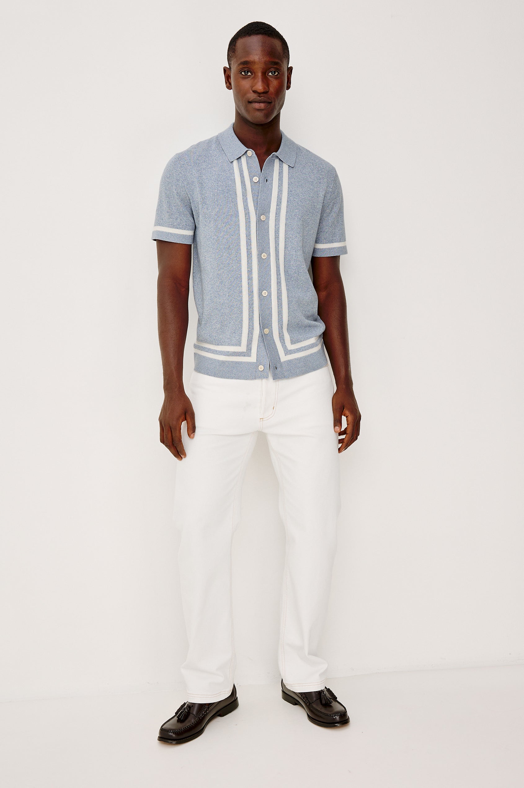 Leo Sweater Polo in Yarn-Dyed Cotton Blend Knit With Collar, Front Buttons, Short Sleeves, and Classic Fit in Sky White Colorway - Full Body Front View Featured on Model