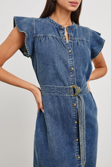 Letta Above-Knee Dress with Flutter Sleeves, Snaps down the Front, and a Belted Waist in Classic Blue Colorway - Front View Featured on Model 