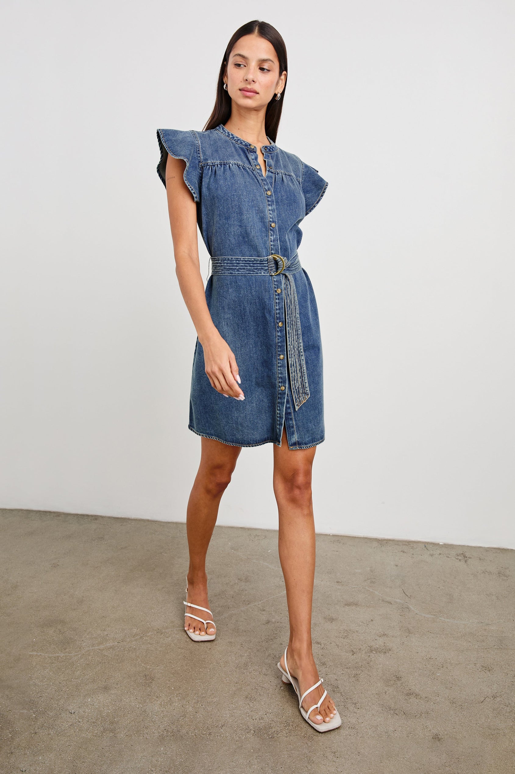 rails letta denim dress Rails Letta Flutter-Sleeve Belted Denim Mini Dress