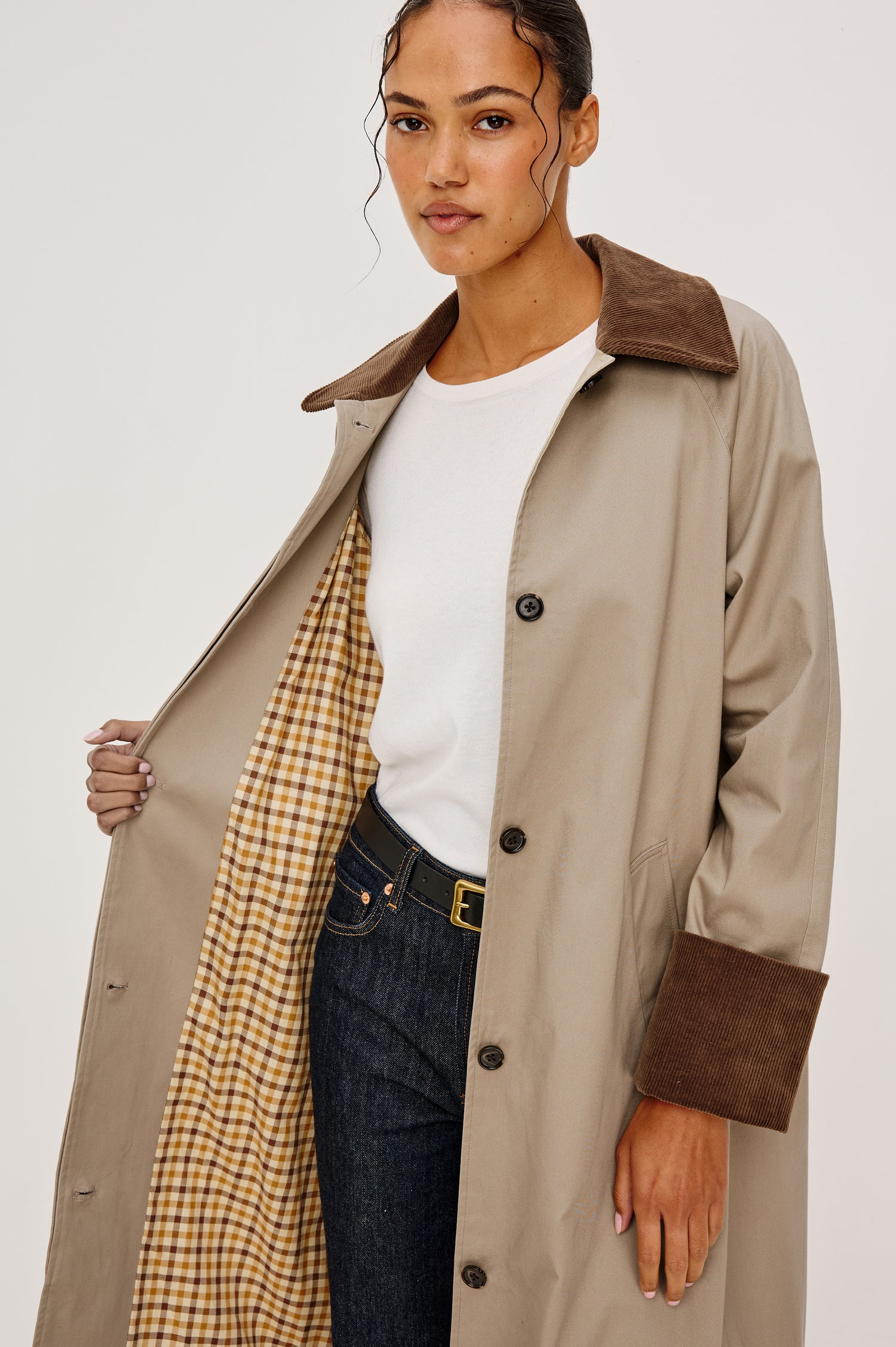 Levy Longline Coat in Twill With Dropped Shoulders, Contrast Corduroy Collar and Long Sleeves With Rolled Cuffs, Hidden Front Placket, Side Pockets, Plaid Lining, and Back Vent Slit in Raisin Colorway - Upper Body Front View Featured on Model