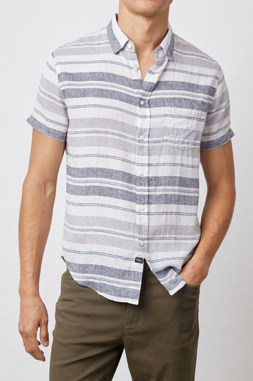 CARSON SHIRT - NAVY GREY WHITE STRIPE