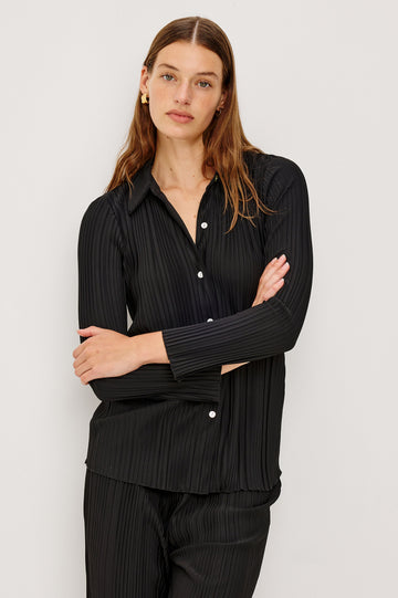 Raya Long Sleeve Button Up without Button Cuffs and with a Collar and Textured Fabric in Jet Colorway - Front View Featured on Model 