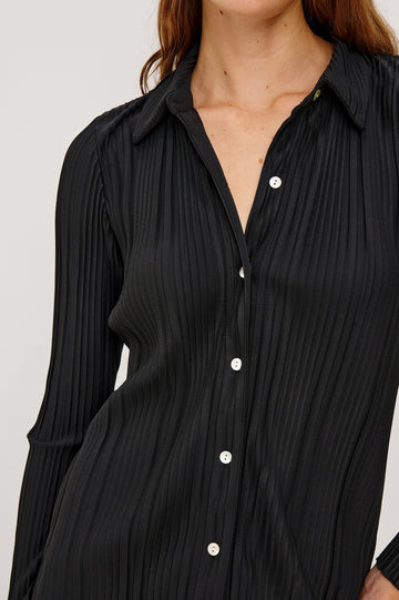 Raya Long Sleeve Button Up without Button Cuffs and with a Collar and Textured Fabric in Jet Colorway - Close up View Featured on Model 