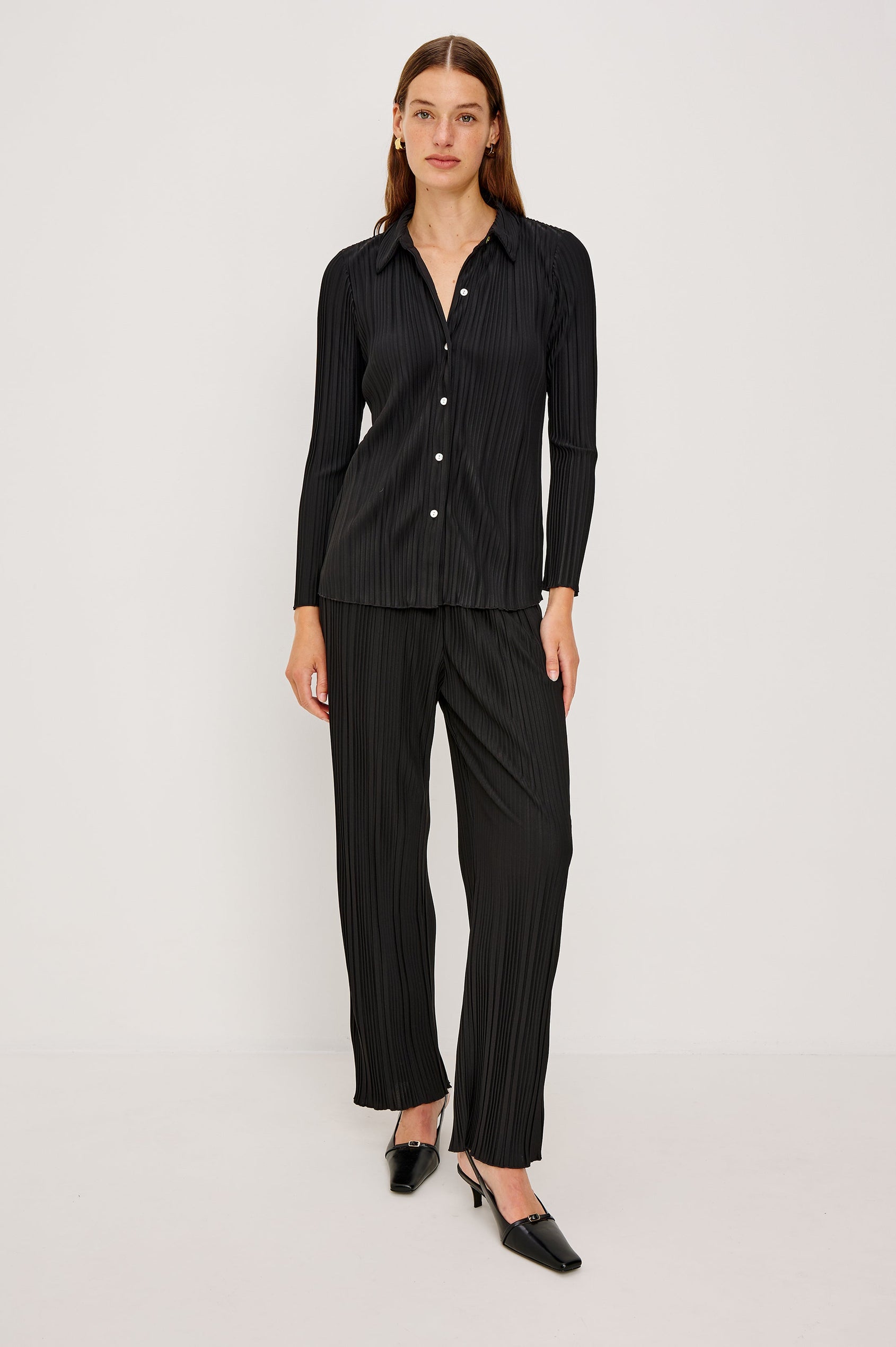 Raya Long Sleeve Button Up without Button Cuffs and with a Collar and Textured Fabric in Jet Colorway - Full Body Front View Featured on Model 