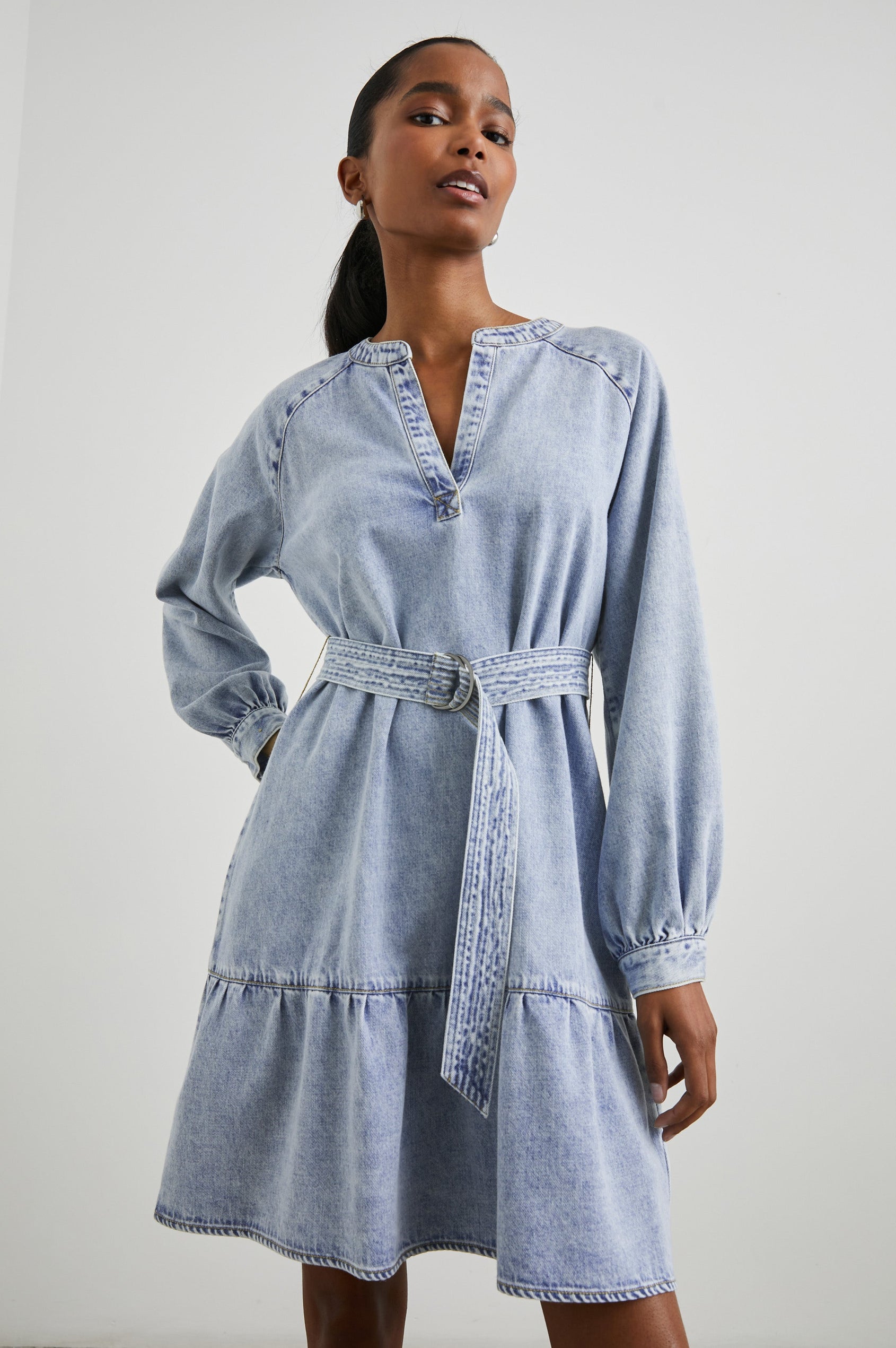 faded denim dress Faded Denim Collared Sleeveless Midi Dress