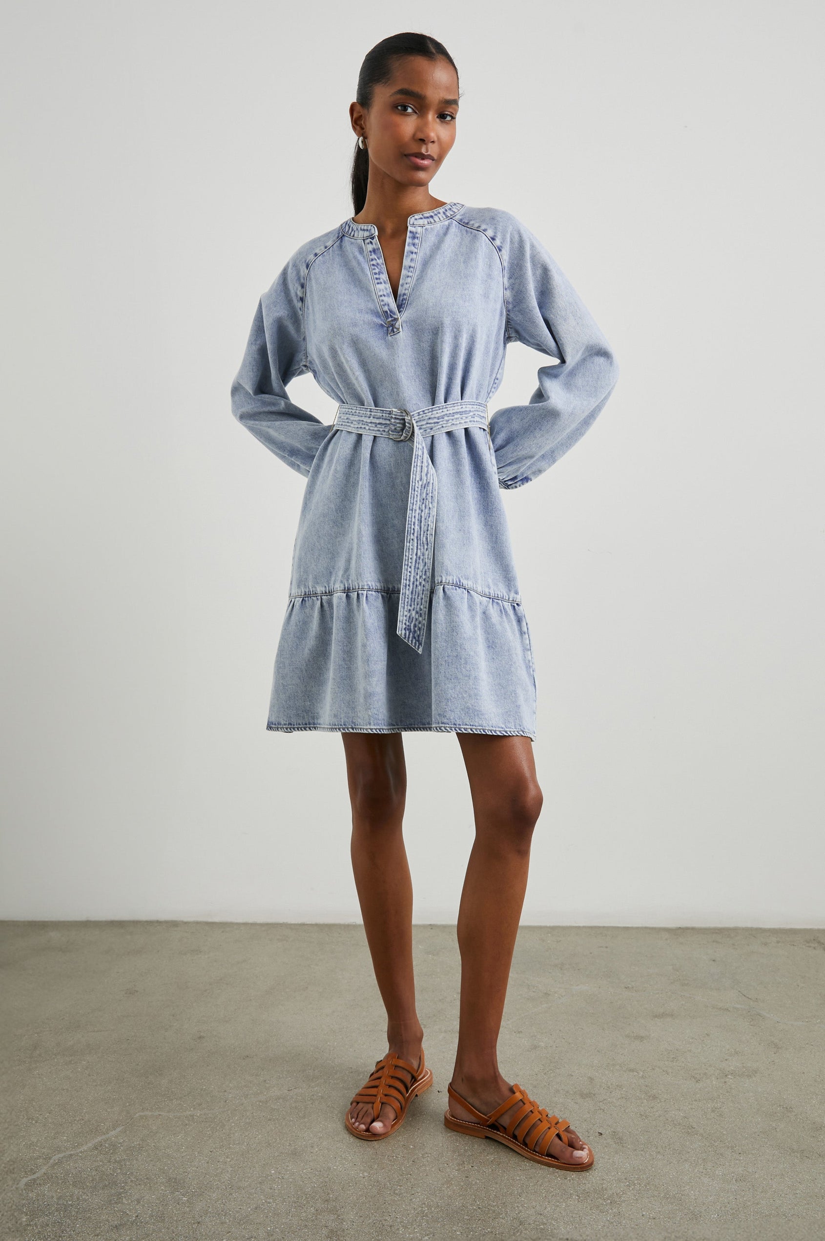 lilla p denim dress Lilla P Flutter Sleeve Gauze Dress In Marina