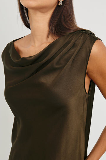Lilly Sleeveless Top with a Cowl Neckline in Dark Moss Colorway - Front View Featured on Model
