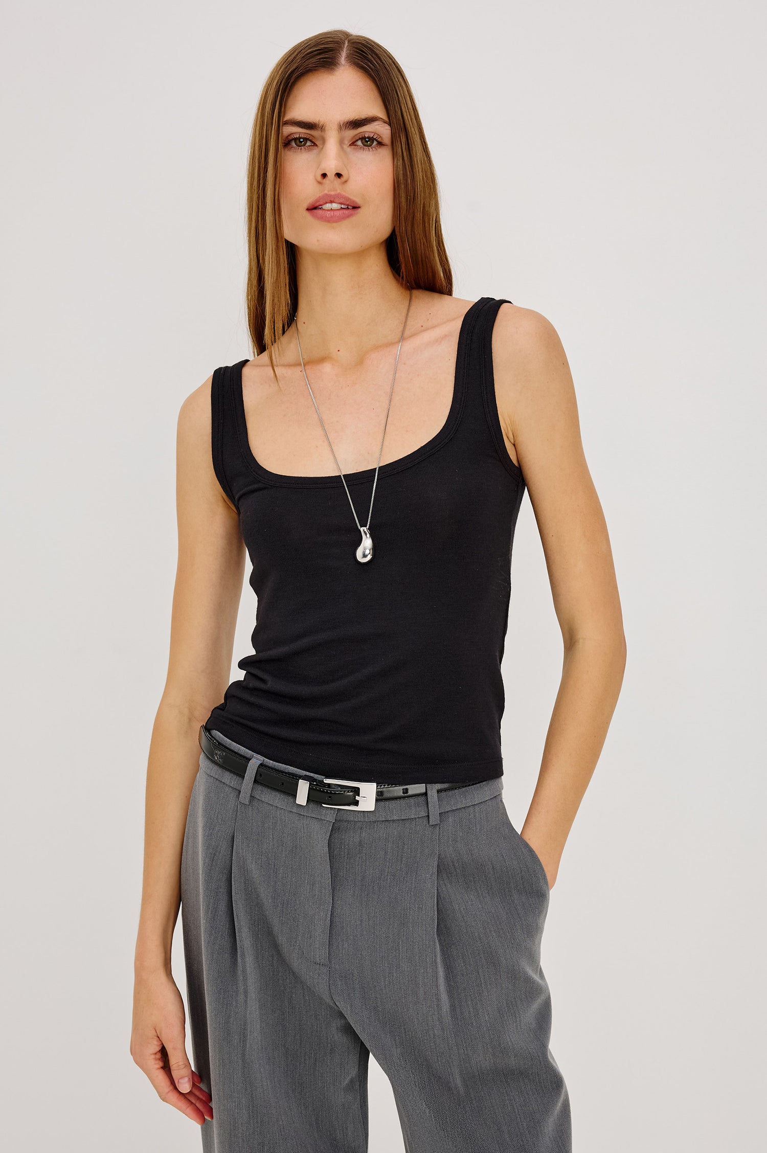 UpperLina Top in Brushed Tissue Jersey With Scoop Neck and Fitted Silhouette in Black Colorway - Upper Body Front View Featured on Model
