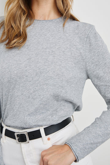 Long Sleeve Crew Neck T Shirt with Raw Hem, Collar and Cuffs in Heather Grey Colorway - Front View Featured on Model