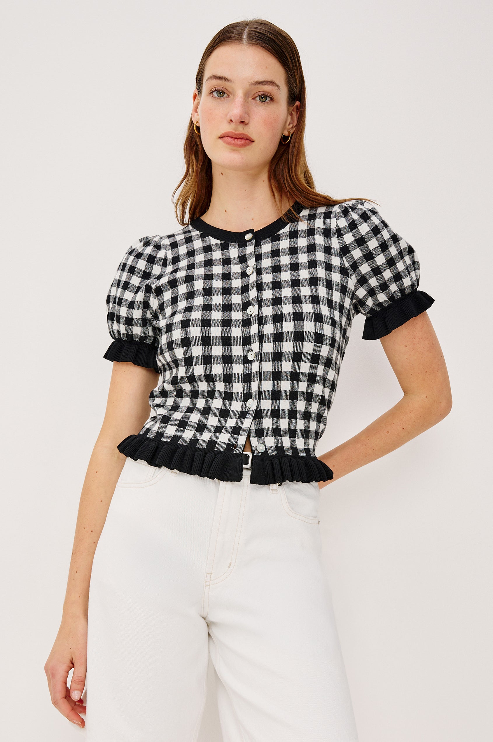 Lora Top in Wool Blend With Front Buttons Short Puff Sleeves Ruffle Trim and Classic Fit in Black White Gingham Colorway - Upper Body Front View Featured on Model