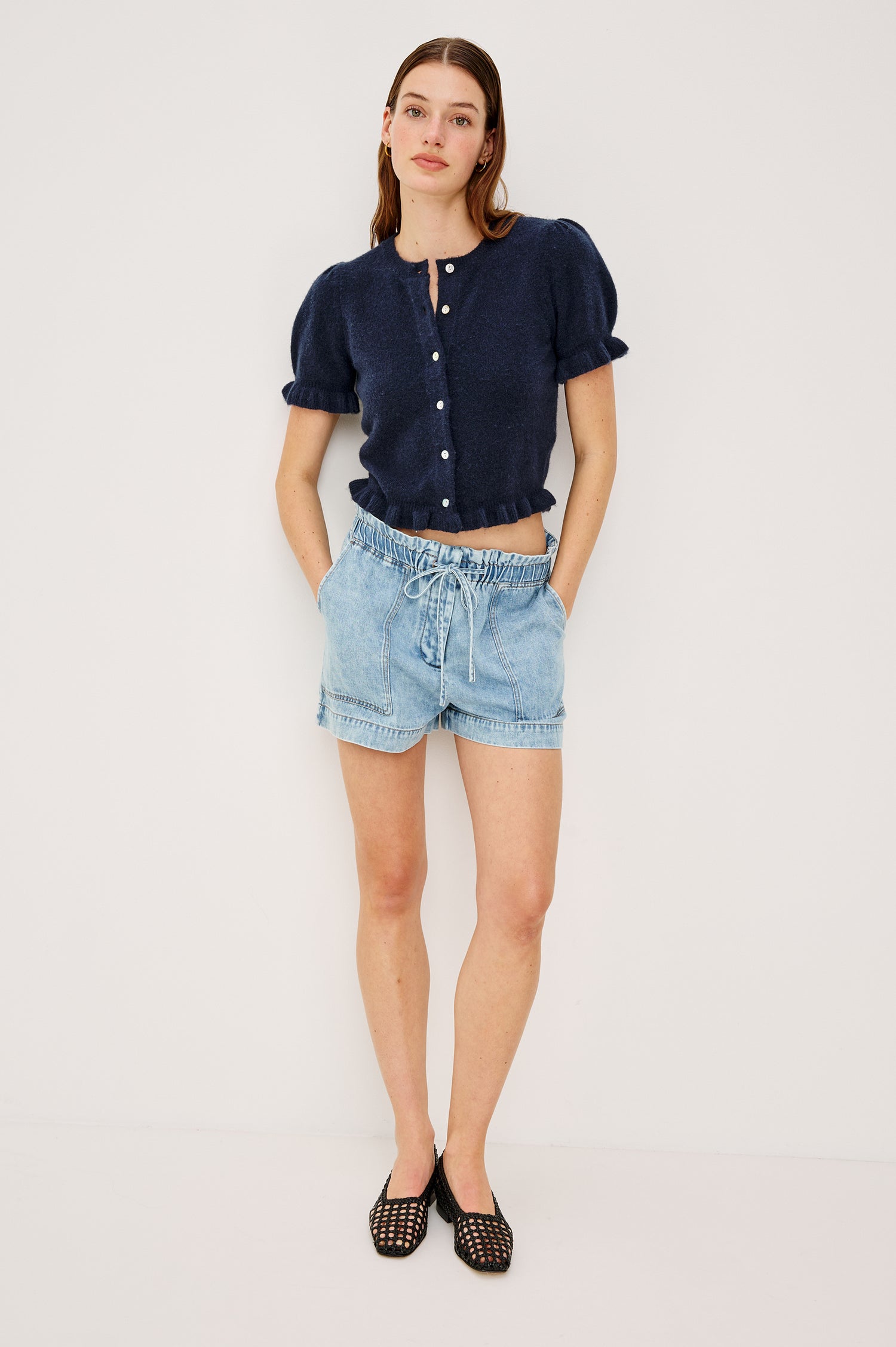 Lora Top in Wool Blend With Front Buttons, Short Puff Sleeves, Ruffle Trim, and Classic Fit in Navy Colorway - Full Body Front View Featured on Model