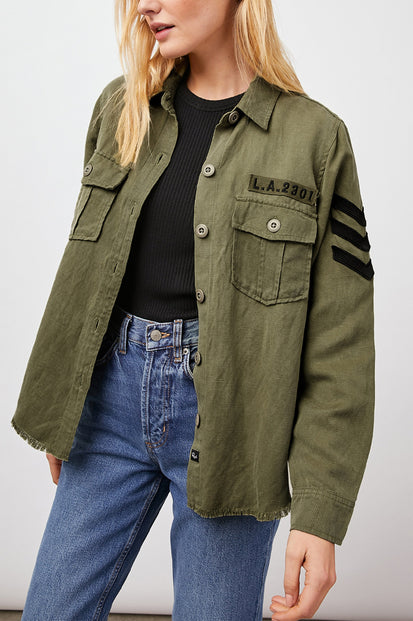 LOREN-OLIVE-BLACK-MILITARY-SATIN-PATCHES-FRONT
