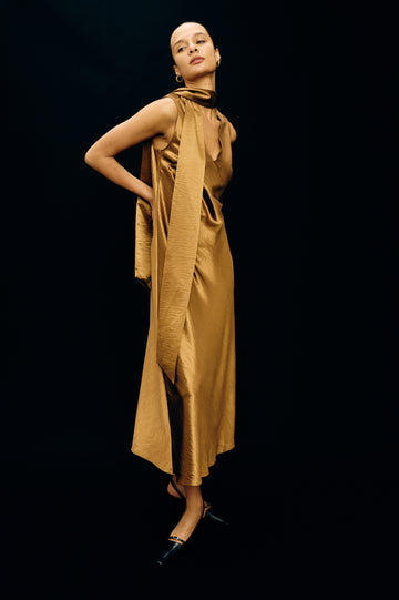 Lorenza Midi Dress in Metallic Satin Back Crepe With V-Neckline, Attached Self-Tie Scarf, and Bias Cut A-Line Skirt in Ginger Colorway - Full Body Front View Featured on Model Walking
