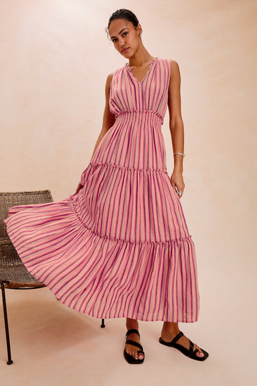 Loulou V-Neck Midi Dress with Smocked Elastic Waistband and a Multi Tiered Skirt in Cabana Stripe Colorway. Full Body Front View Shown on Model.