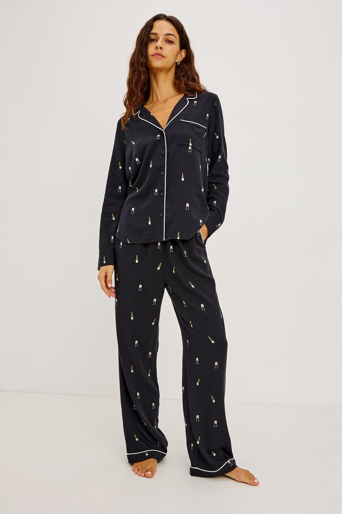 Luna Pajama Set in Signature Rayon With Piping, Button-Up Shirt, Matching Pants, and Relaxed Fit in Champagne Colorway - Upper Body Front View Featured on Model.