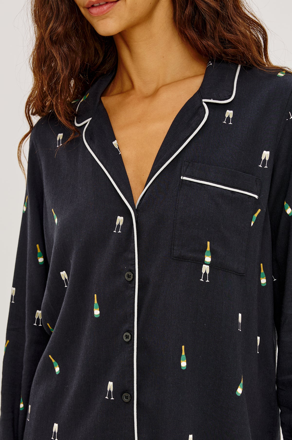 Luna Pajama Set in Signature Rayon With Piping, Button-Up Shirt, Matching Pants, and Relaxed Fit in Champagne Colorway - Upper Body Front Detail View Featured on Model.