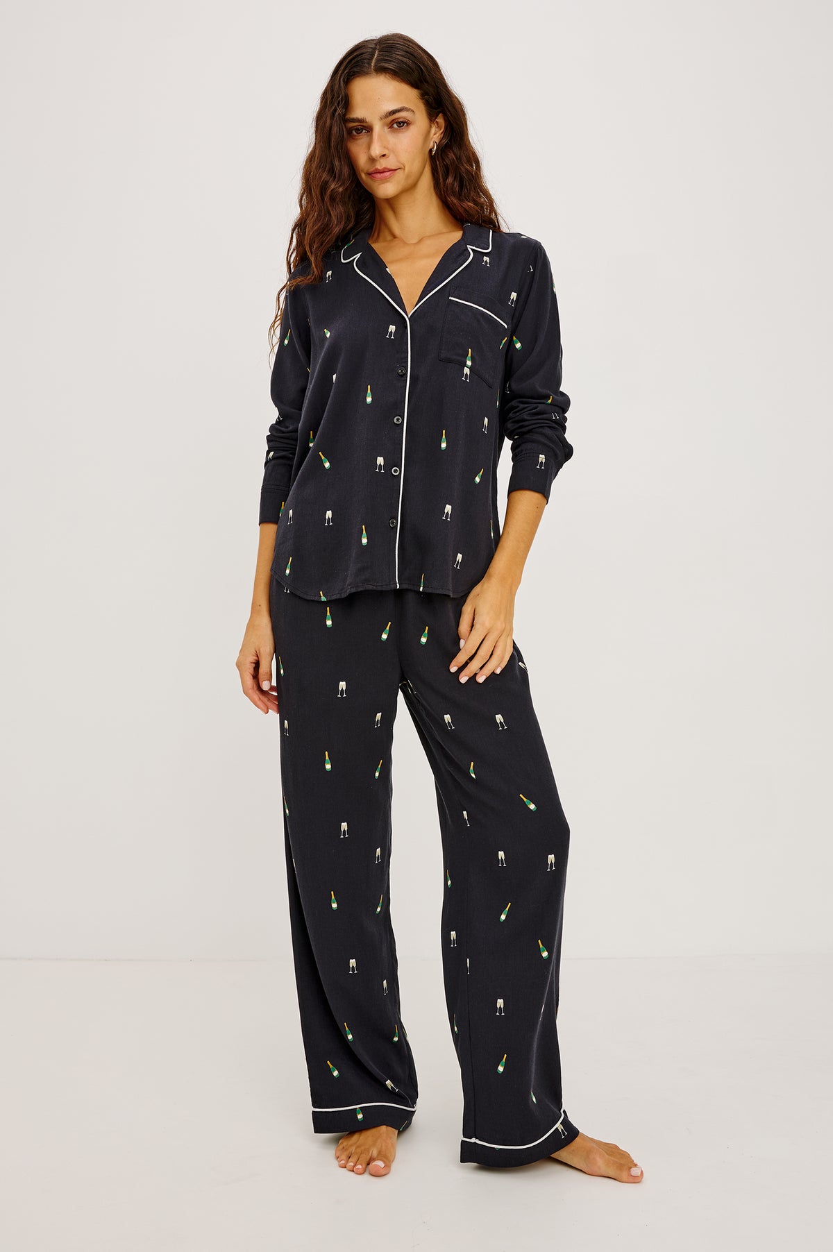 Luna Pajama Set in Signature Rayon With Piping, Button-Up Shirt, Matching Pants, and Relaxed Fit in Champagne Colorway - Full Body Front View Featured on Model.