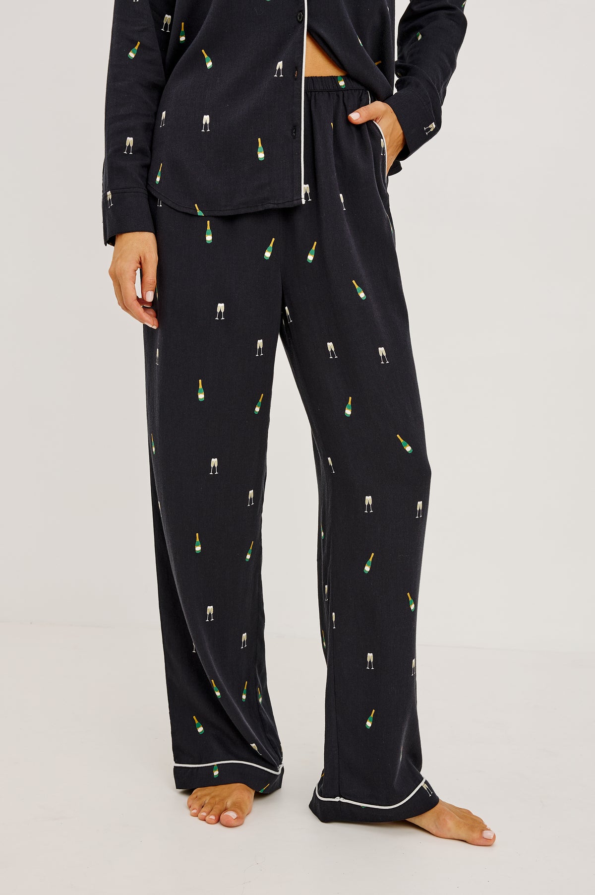 Luna Pajama Set in Signature Rayon With Piping, Button-Up Shirt, Matching Pants, and Relaxed Fit in Champagne Colorway - Front View Featured on Model.