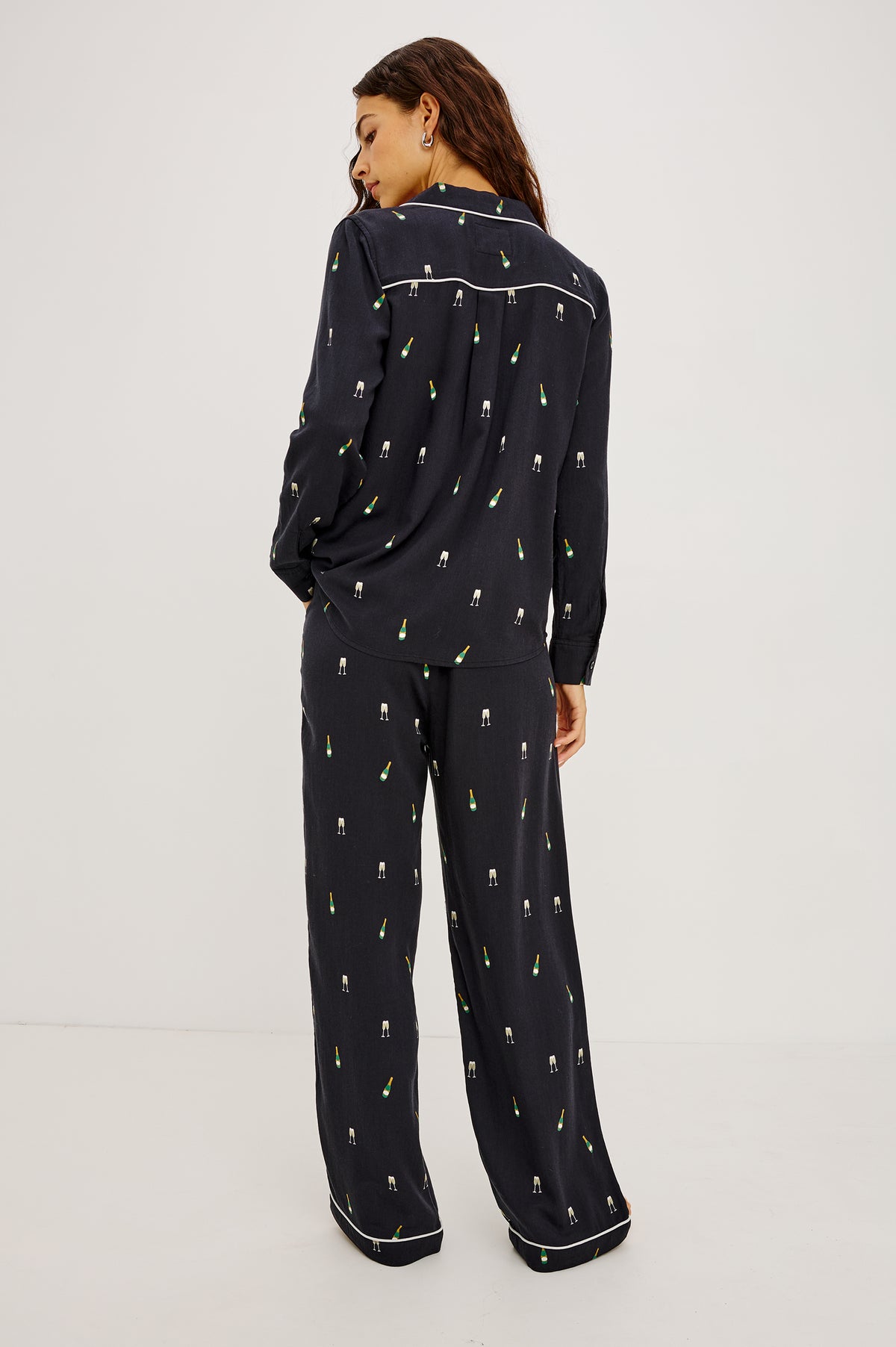 Luna Pajama Set in Signature Rayon With Piping, Button-Up Shirt, Matching Pants, and Relaxed Fit in Champagne Colorway - Upper Body Back View Featured on Model.
