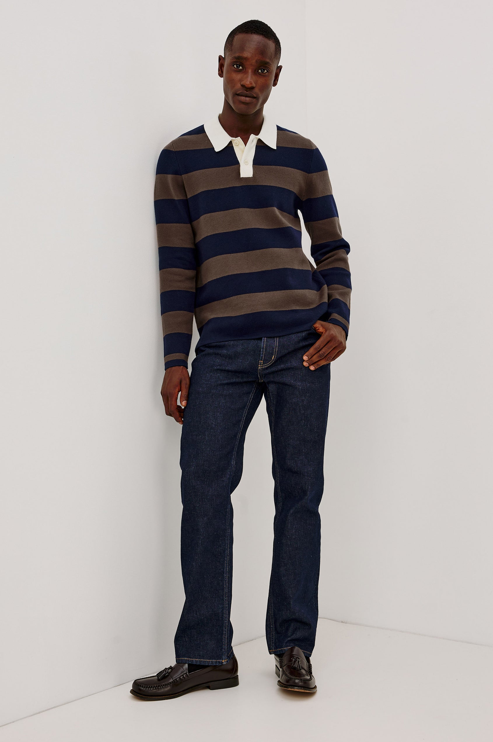 Luther Rugby Sweater in Cotton Knit With Contrast Polo Collar, Quarter-Button Placket, Relaxed Fit, and Long Sleeves in Navy Carob Stripe Colorway - Full Body Front View Featured on Model
