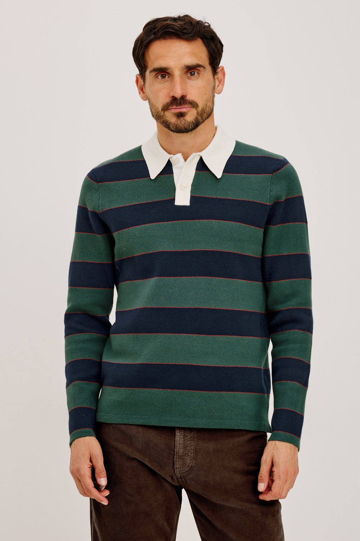 Luther Sweater in Striped Knit With Contrast Collar, Quarter-Button Placket, and Long Sleeves in Tartan Border Stripe Colorway - Upper Body Front View Featured on Model.