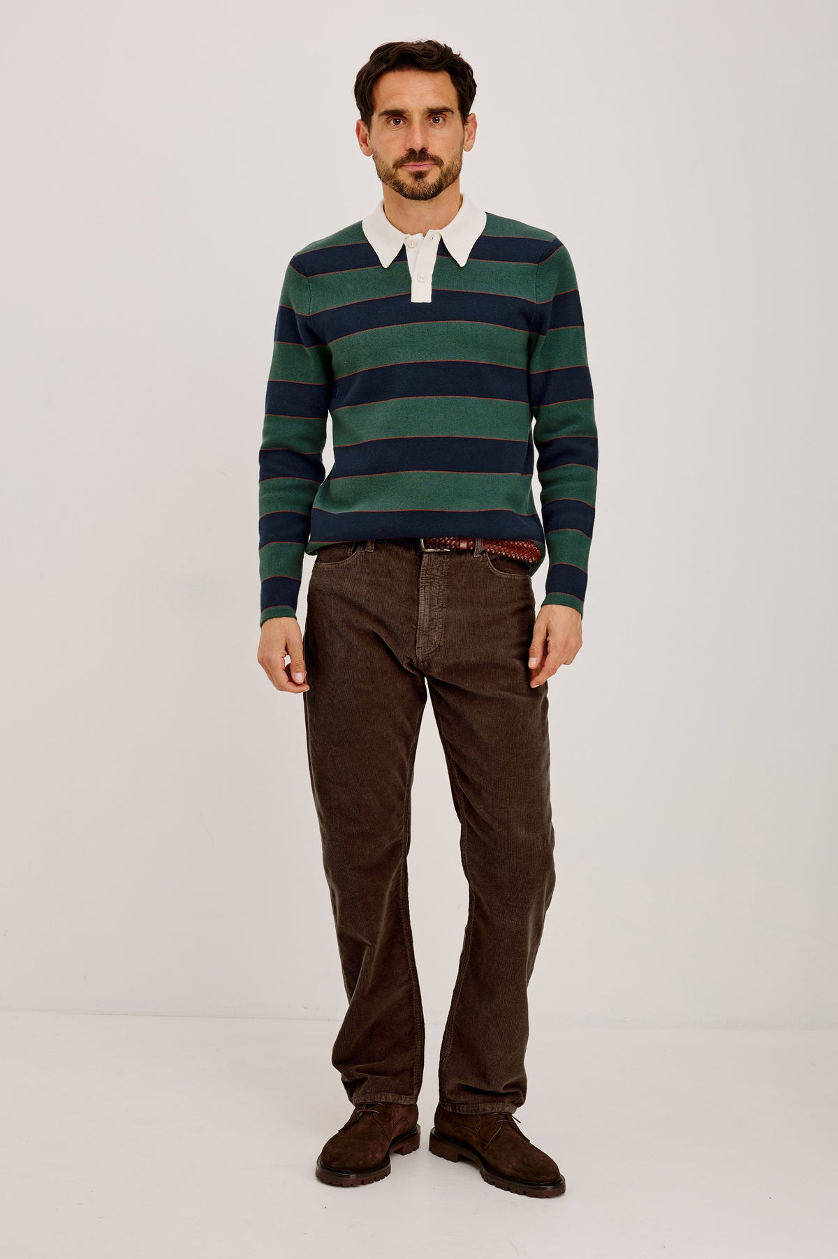 Luther Sweater in Striped Knit With Contrast Collar, Quarter-Button Placket, and Long Sleeves in Tartan Border Stripe Colorway - Full Body Front View Featured on Model.