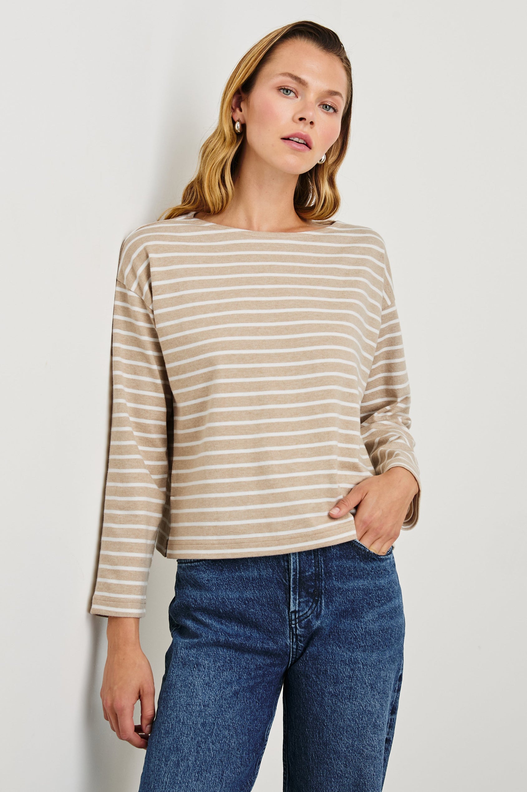 Macy Long-Sleeved Top with Boatneck and Two Short Side Slits at the Hem in Heather Beige Stripe Colorway, Horizontal Stripes - Front View Featured on Model