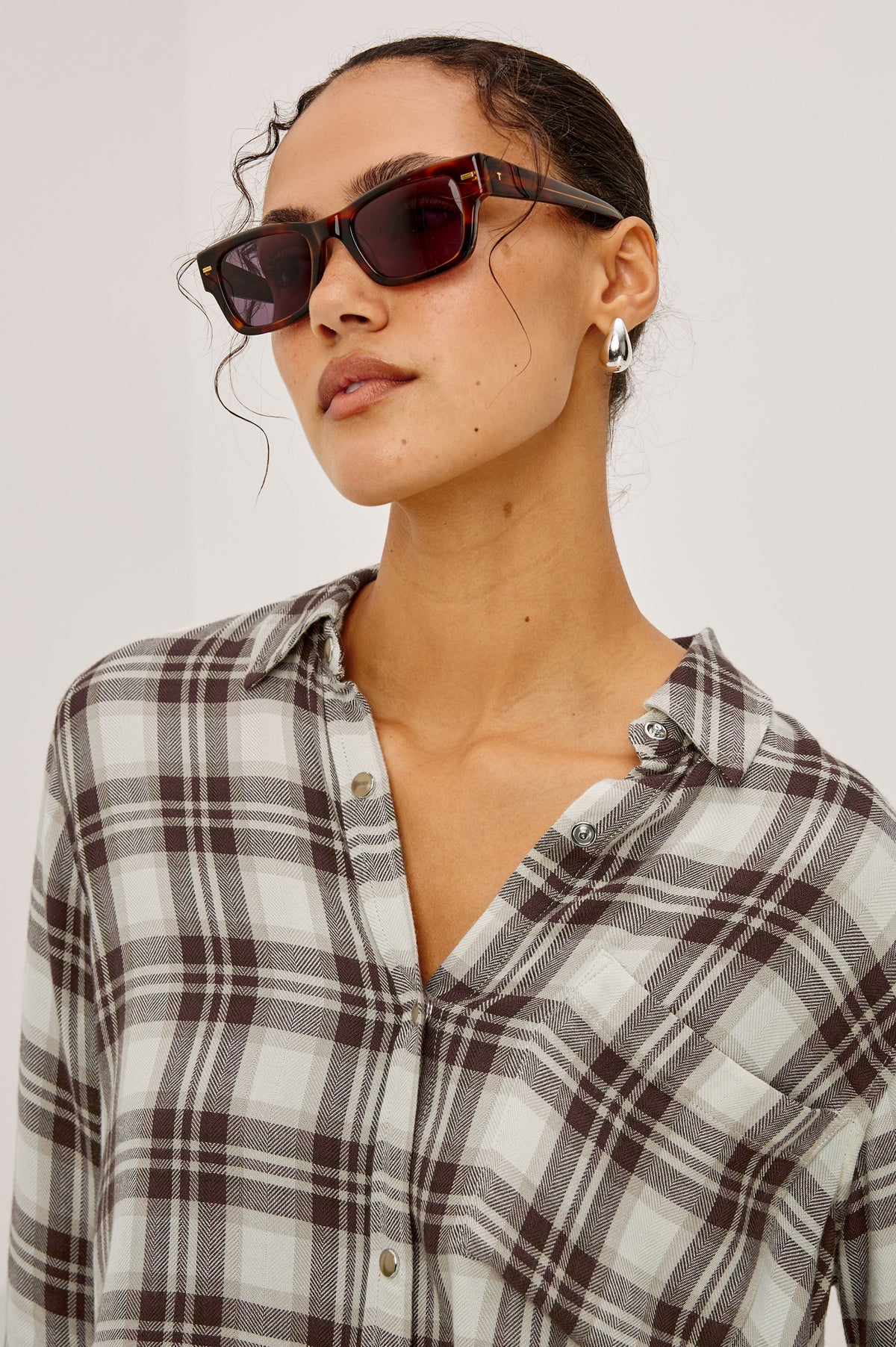 Malin Shirt in Ultra-Soft Twill With Snap Button Front, Cropped Boxy Fit, Collar, and Long Sleeves in Birch Hickory Colorway - Upper Body Front View Featured on Model