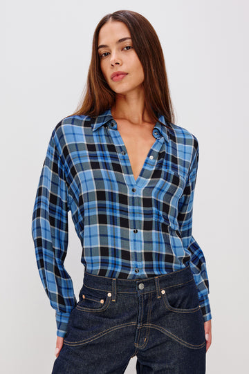 Malin Cropped Long-Sleeve Button Up with a Chest Patch Pocket in Midnight Blue White Colorway, plaid - Front View Featured on Model