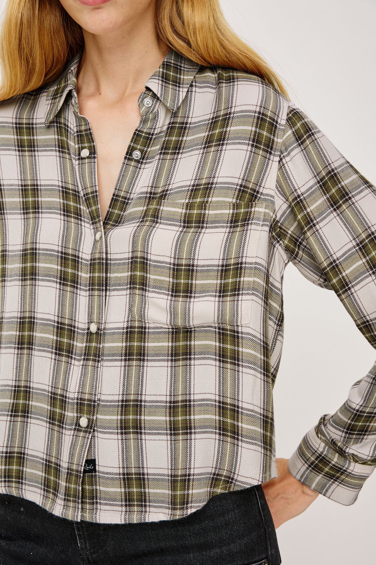 Malin Cropped Boxy Shirt in Signature Soft Rayon With Loose Twill Weave With Collar, Front Buttons, Long Sleeves, Chest Patch Pocket in Olive Brown Colorway - Upper Body Close Up View Featured on Model