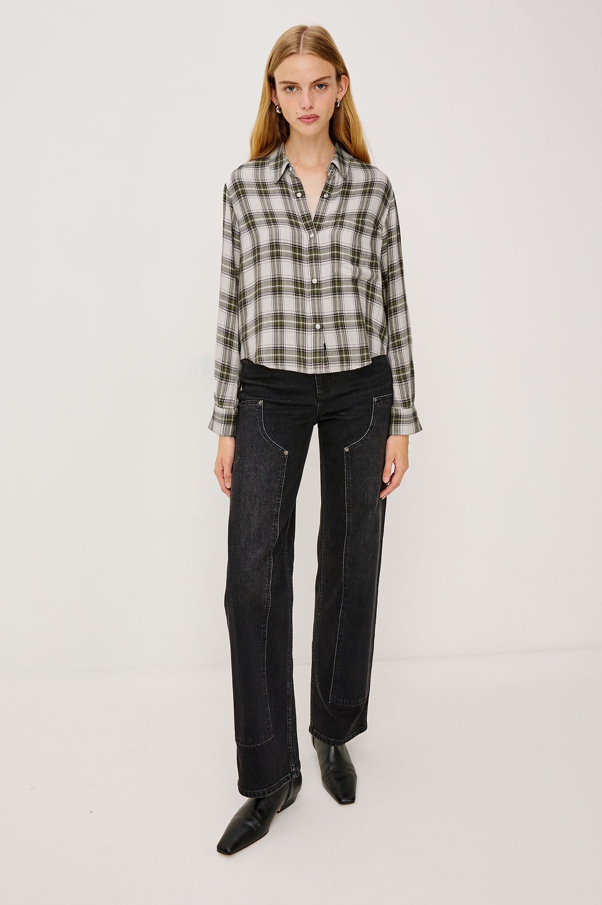 Malin Cropped Boxy Shirt in Signature Soft Rayon With Loose Twill Weave With Collar, Front Buttons, Long Sleeves, Chest Patch Pocket in Olive Brown Colorway - Full Body Front View Featured on Model