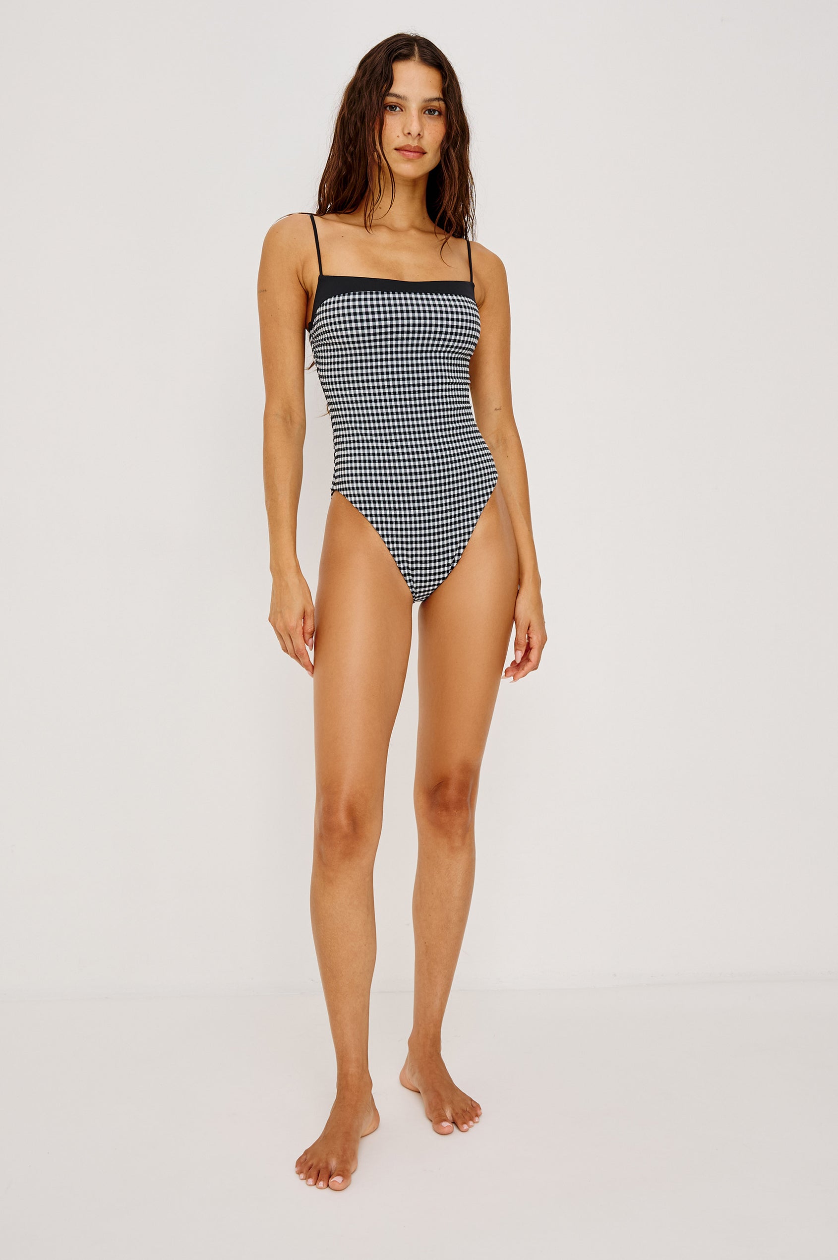 Marbella One Piece Swimsuit With Straight Neckline, Beaded Shoulder Straps, and Classic Rear Coverage in Black Colorway - Full Body Front View Featured on Model
