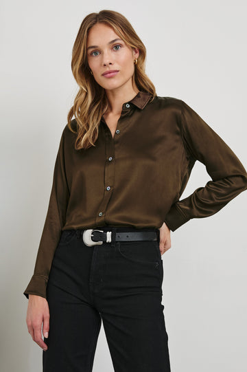 Maria Long-Sleeve Button Up in Dark Moss Colorway - Front Tucked View Featured on Model