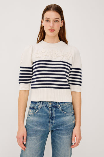 MARTHA TOP - IVORY NAVY FLORAL STRIPE