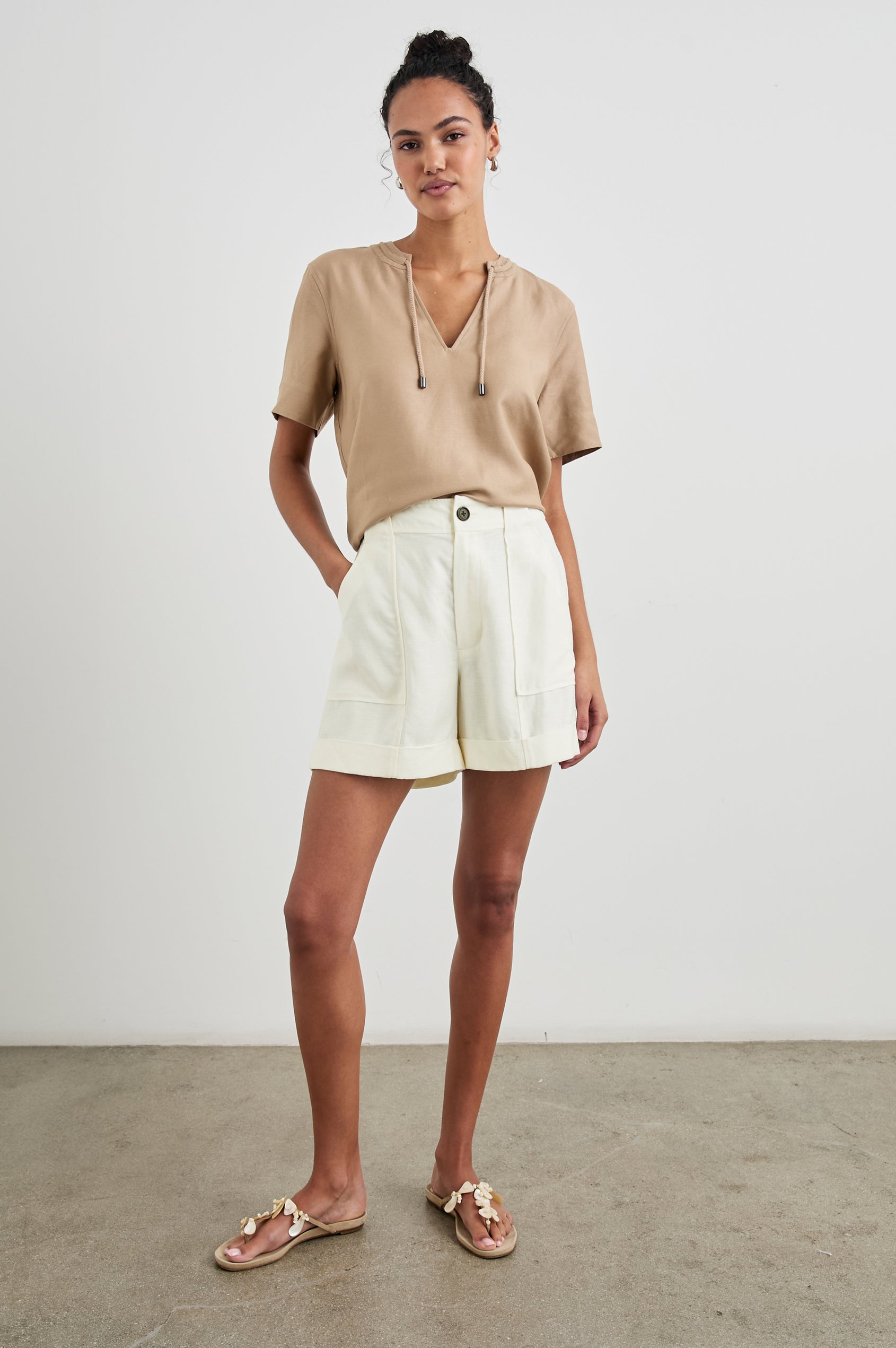 Maryam shorts with Cuffed Hems, Two Large Front Pockets, Two Back Patch Pockets, and Belt Loops in Lotus Colorway - Front Full Body View Featured on Model