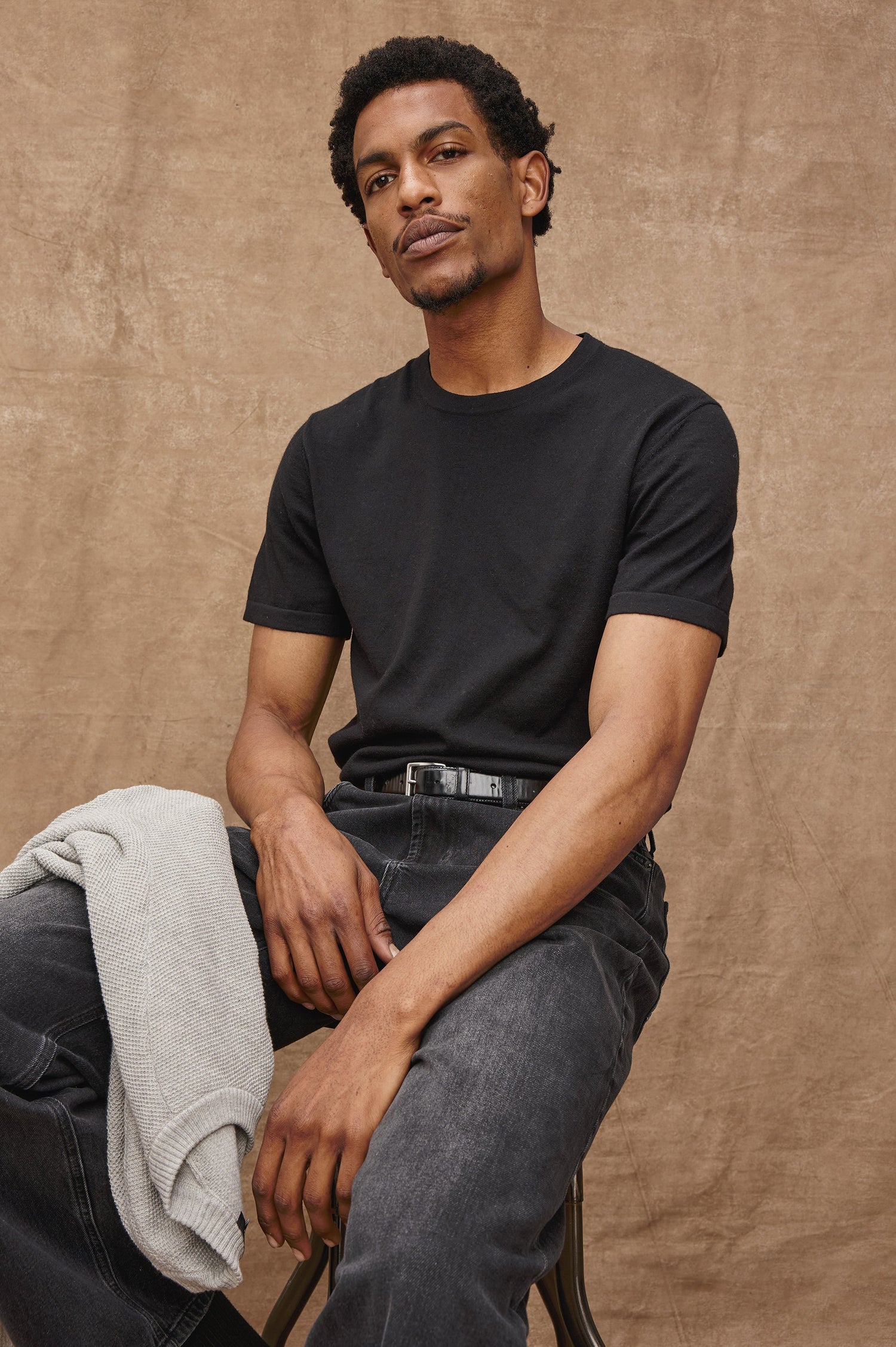 Mason Cotton Cashmere Short Sleeve T-Shirt with a Crew Neck in Black Colorway - Front View Featured on Model